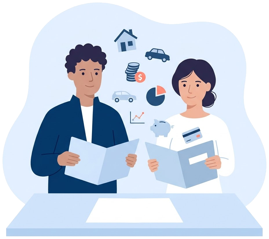 Both partners setting out their assets, debts and income openly