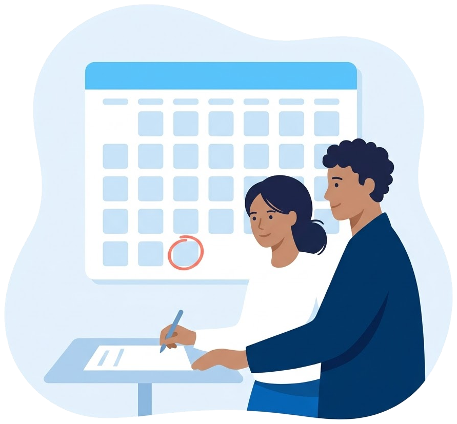 A couple signing an agreement, a date circled on the calendar behind them