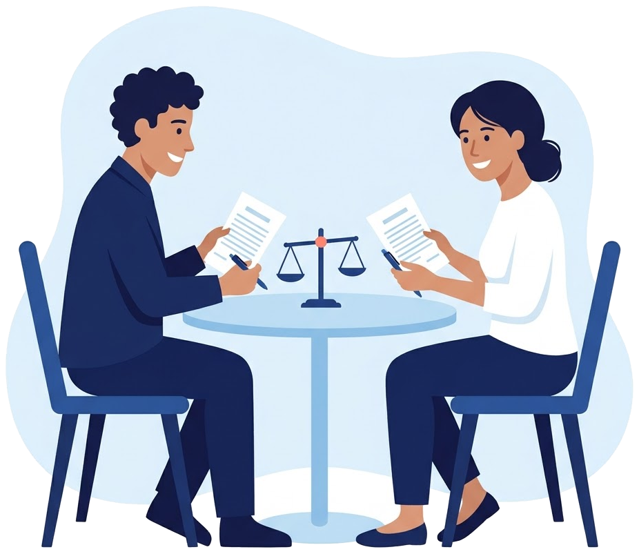 The couple reading matching copies of the agreement across a table, a level balance scale between them